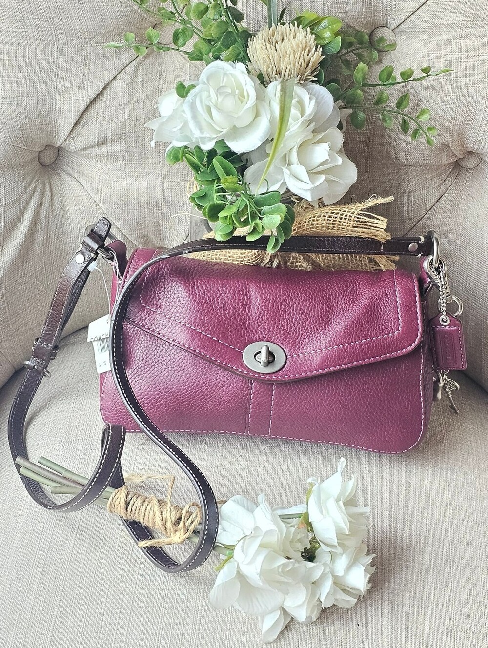 Coach Chelsea Pebbled Leather Turnlock Shoulder Bag Purse ( Plum Purple )